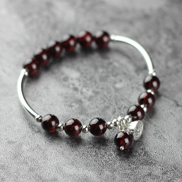 Sterling Silver Garnet Beaded Bracelet Handmade Jewelry January Birthstone for Women