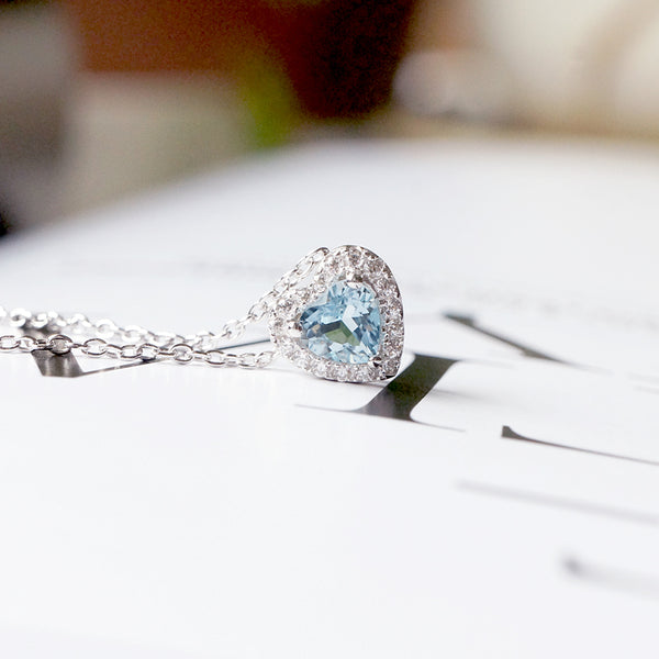 Blue Heart Aquamarine Pendant Necklace in White Gold Plated Silver Women