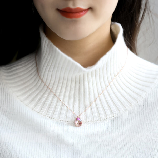 Pink Zircon and White Quartz Crystal Pendant Necklace in Gold Plated Silver Jewelry Women