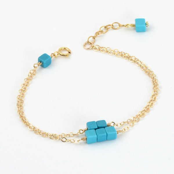 Double Strand Turquoise Bead Bracelet in 14K Gold Handmade Jewelry Women