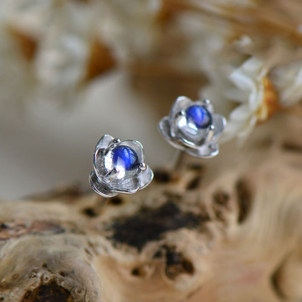 Moonstone Lotus Stud Earrings in White Gold Plated Sterling Silver Jewelry for Women