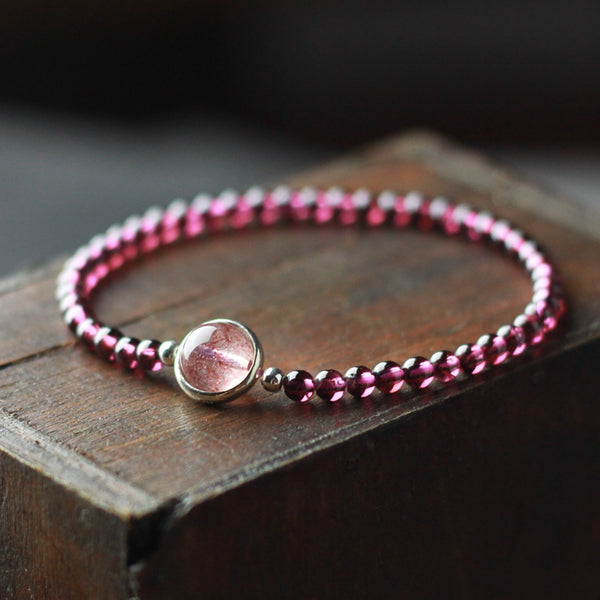 Sterling Silver Garnet Strawberry Quartz Beaded Bracelet Unique Handmade Jewelry Women