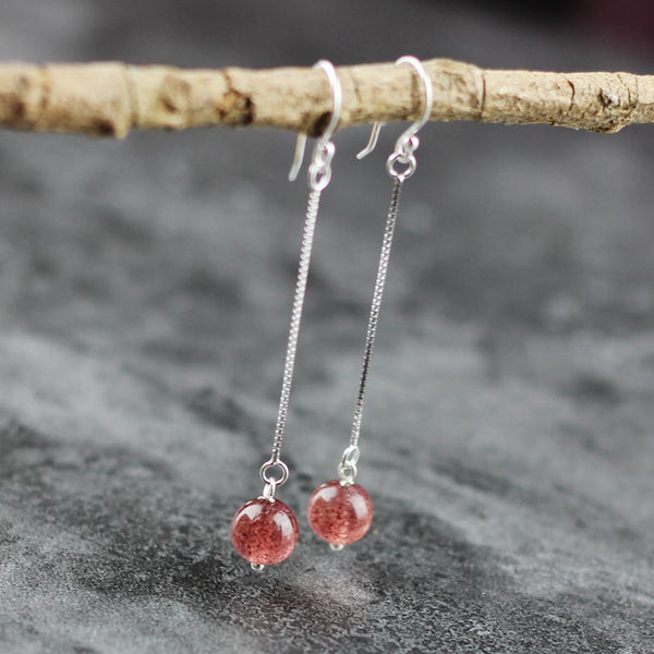 Sterling Silver Strawberry Quartz Crystal Drop Earrings Handmade Jewelry for Women