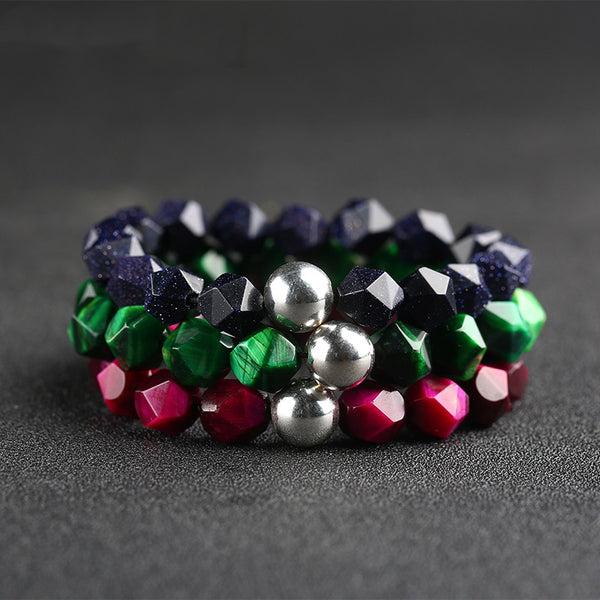 Sterling Silver Faceted Tigereye Blue Sandstone Bead Bracelet Jewelry Women Men