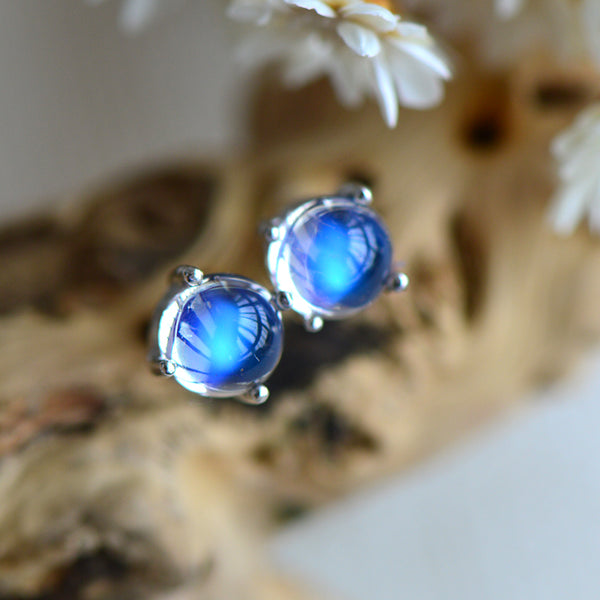 Moonstone Stud Earrings in White Gold Plated Sterling Silver Handmade Jewelry Women