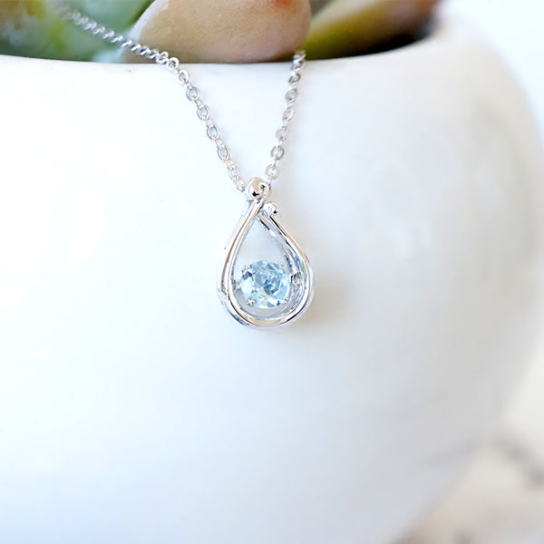 Blue Aquamarine Pendant Necklace in White Gold Plated Silver Women