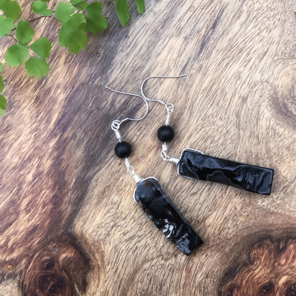 Handmade Raw Gemstone Onyx Drop Earrings in Silver Unique Jewelry for Women Men