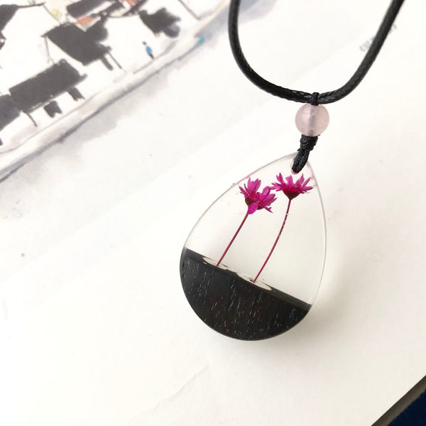 Herbage Resin Wood Pendant Necklace Handmade Jewelry Gift Women