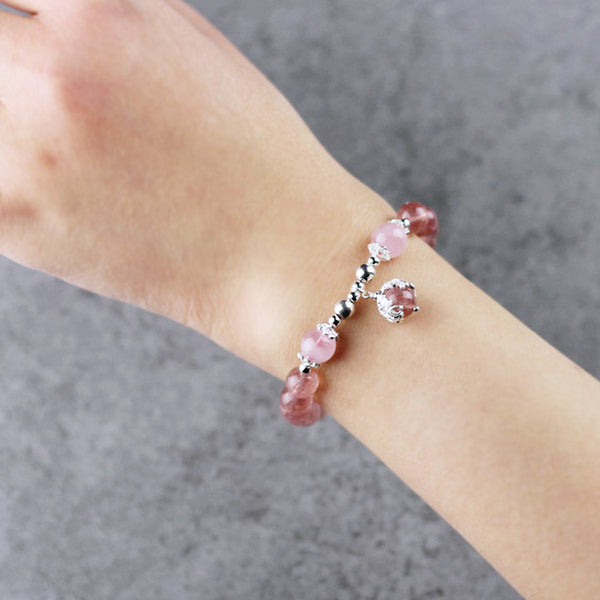 Sterling Silver Strawberry Quartz Crystal Beaded Bracelet Handmade Jewelry for Women