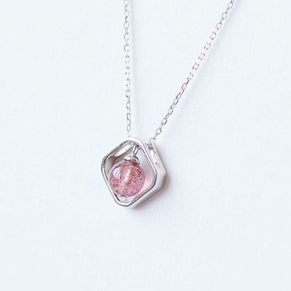 Strawberry Quartz Crystal Pendant Necklace Sterling Silver Jewelry For Women