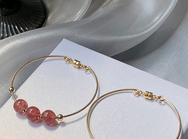 14K Gold Plated Womens Strawberry Quartz Crystal Bead Bracelet Bangle For Women