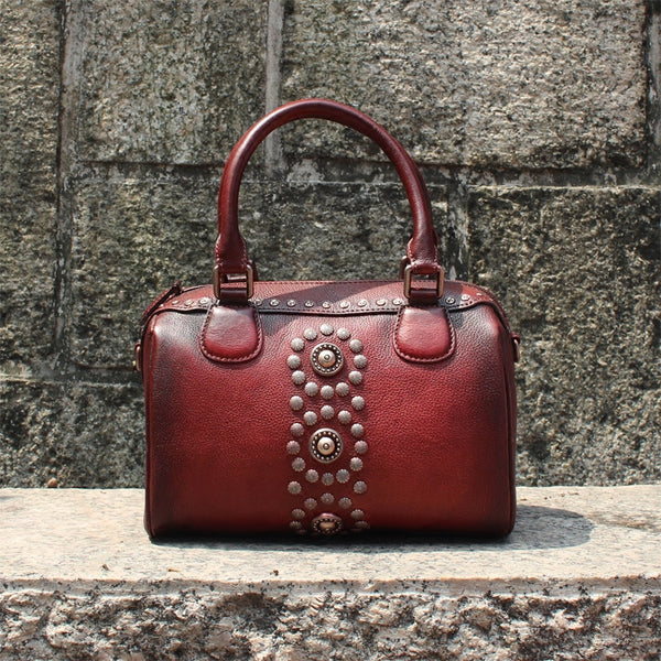 Rivets Womens Designer Handbags Brown Leather Shoulder Bag for Women