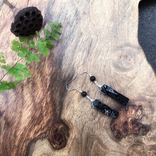 Handmade Raw Gemstone Onyx Drop Earrings in Silver Unique Jewelry for Women Men