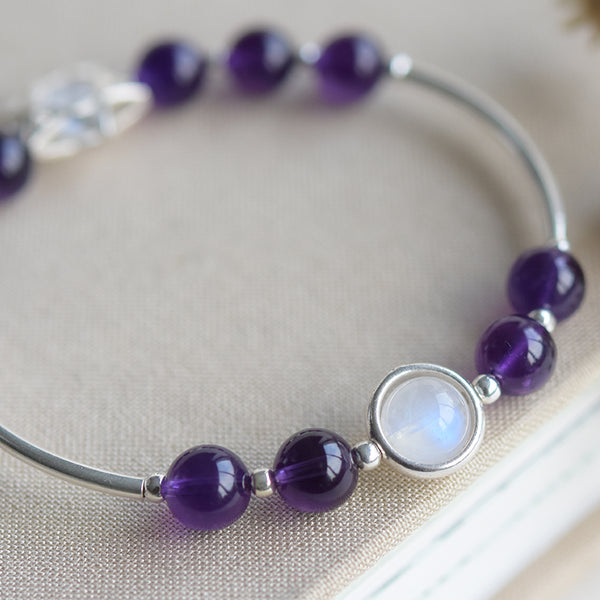 Sterling Silver Amethyst Moonstone Bead Bracelet Jewelry Gifts Women