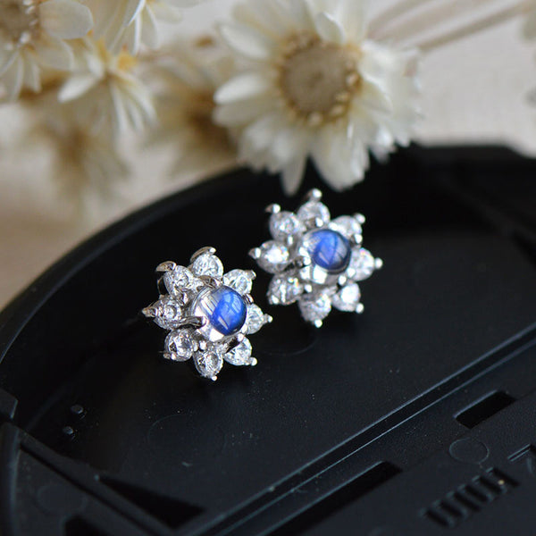Moonstone Stud Earrings in White Gold Plated Sterling Silver Handmade Jewelry Women