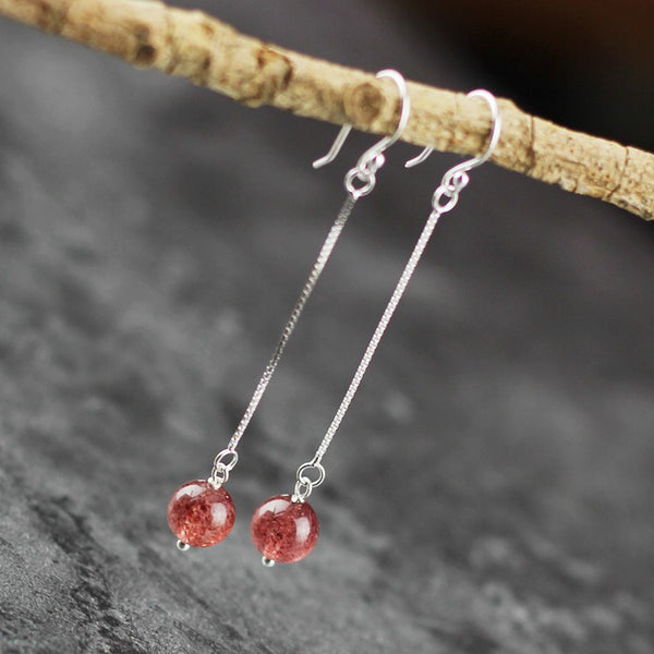 Sterling Silver Strawberry Quartz Crystal Drop Earrings Handmade Jewelry for Women