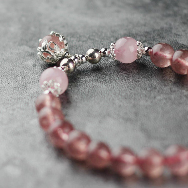 Sterling Silver Strawberry Quartz Crystal Beaded Bracelet Handmade Jewelry for Women