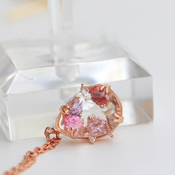 Pink Zircon and White Quartz Crystal Pendant Necklace in Gold Plated Silver Jewelry Women
