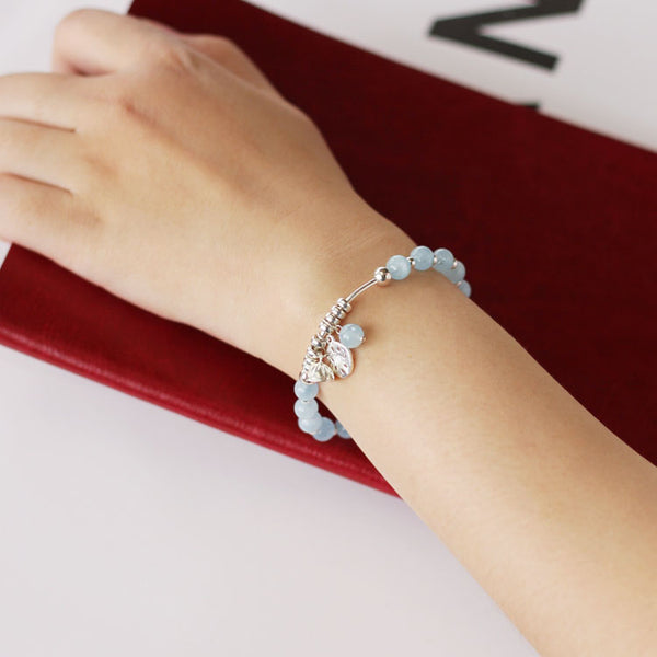 Sterling Silver Aquamarine Beaded Bracelet Handmade Jewelry for Women