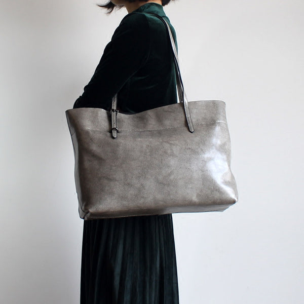 Zip Top Womens Grey Leather Shoulder Tote Bags Purse Handbags for Women