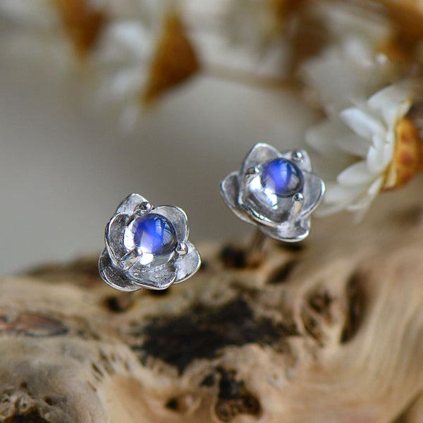 Moonstone Lotus Stud Earrings in White Gold Plated Sterling Silver Jewelry for Women