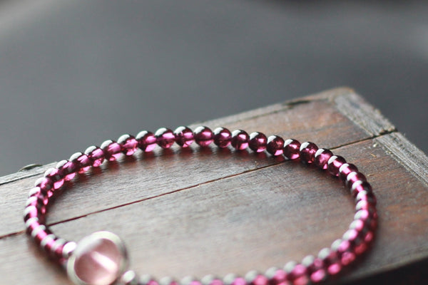 Sterling Silver Garnet Strawberry Quartz Beaded Bracelet Unique Handmade Jewelry Women
