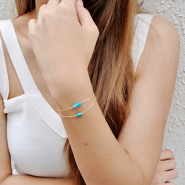 Double Strand Turquoise Bead Bracelet in 14K Gold Handmade Jewelry Women