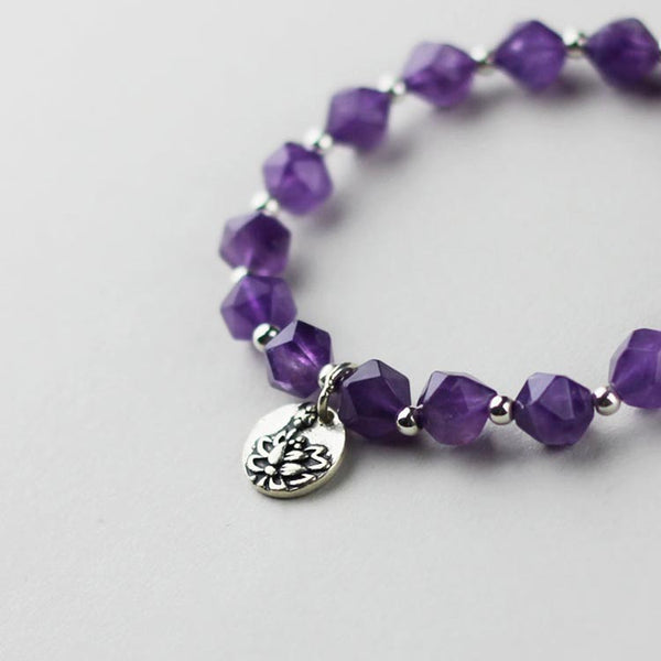 Faceted Amethyst Beaded Bracelet with Sterling Silver Handmade Jewelry Accessories Women