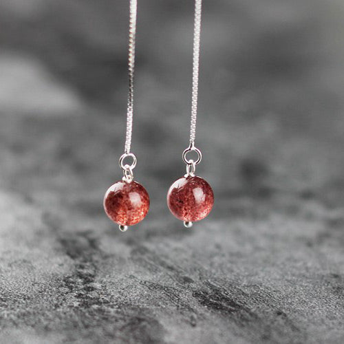 Sterling Silver Strawberry Quartz Crystal Drop Earrings Handmade Jewelry for Women