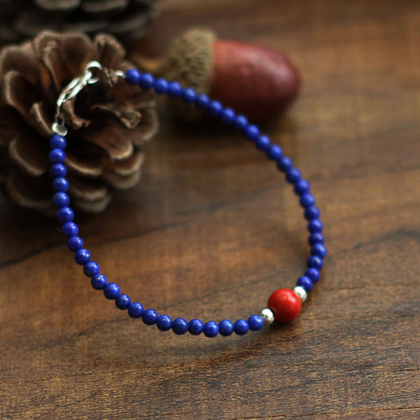 Sterling Silver Lapis Lazuli Cinnabar Bead Bracelet Handmade Jewelry Accessories Women