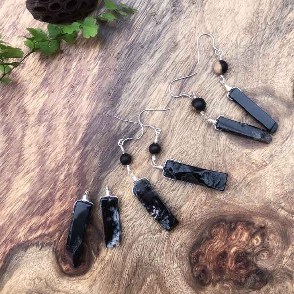 Handmade Raw Gemstone Onyx Drop Earrings in Silver Unique Jewelry for Women Men