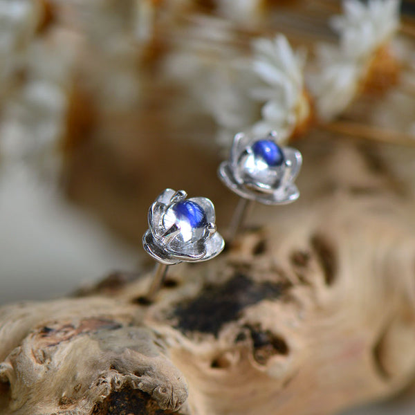 Moonstone Lotus Stud Earrings in White Gold Plated Sterling Silver Jewelry for Women