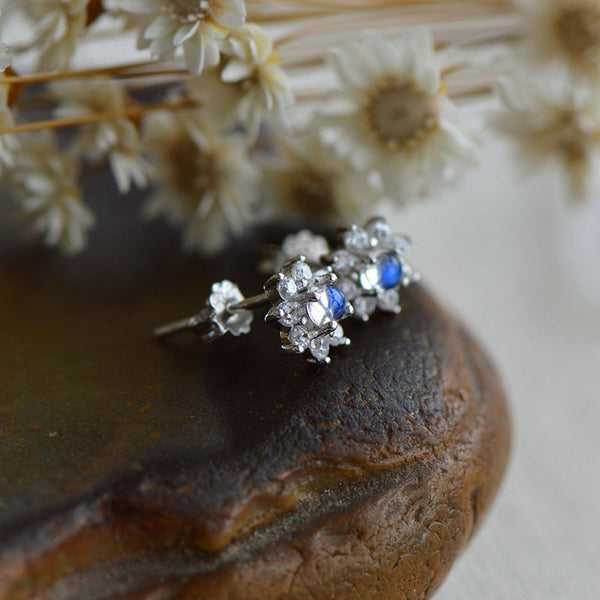 Moonstone Stud Earrings in White Gold Plated Sterling Silver Handmade Jewelry Women