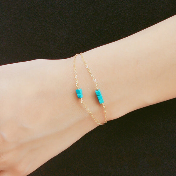 Double Strand Turquoise Bead Bracelet in 14K Gold Handmade Jewelry Women