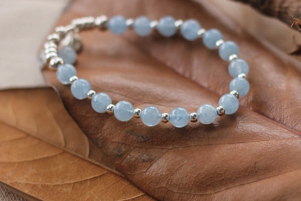 Sterling Silver Aquamarine Beaded Bracelet Handmade Jewelry for Women