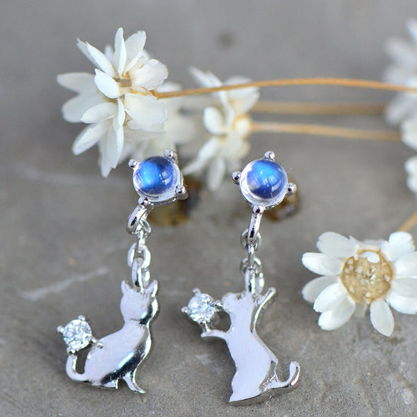 Cute Moonstone Zirconia Earrings in White Gold Plated Sterling Silver June Birthstone Jewelry For Women