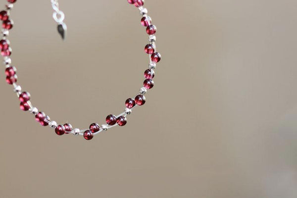 Sterling Silver Garnet Beaded Bracelet Unique Handmade Jewelry for Women
