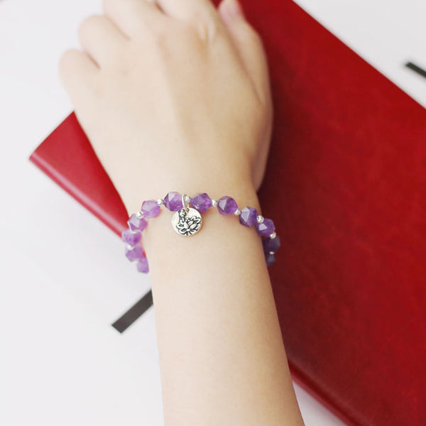 Faceted Amethyst Beaded Bracelet with Sterling Silver Handmade Jewelry Accessories Women