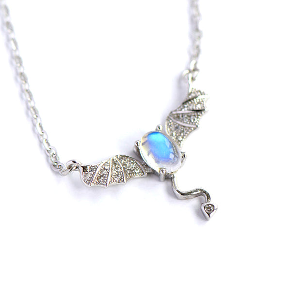Moonstone Little Devil Pendant Necklace in White Gold Plated Silver Jewelry for Women