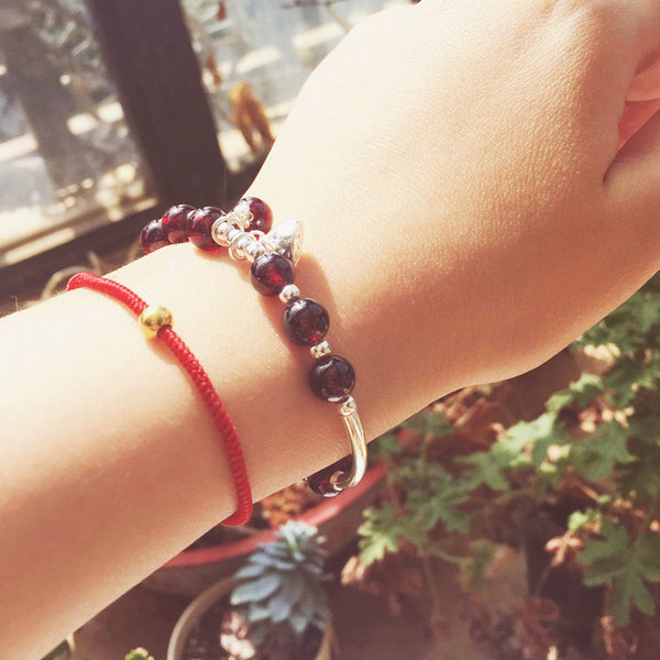 Sterling Silver Garnet Beaded Bracelet Handmade Jewelry January Birthstone for Women