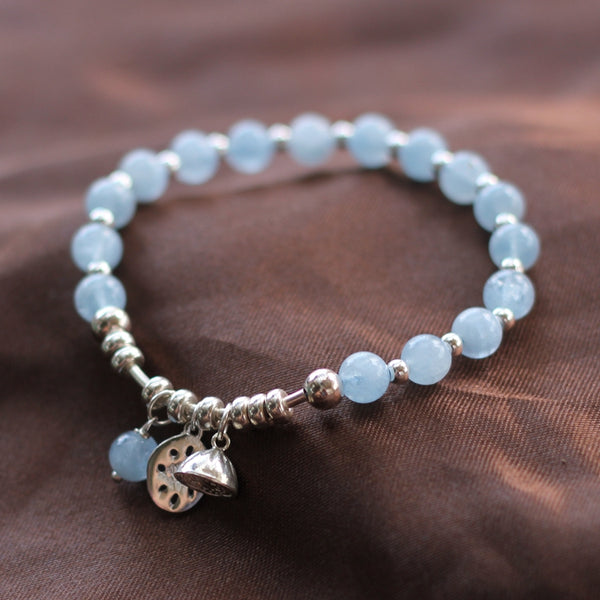 Sterling Silver Aquamarine Beaded Bracelet Handmade Jewelry for Women