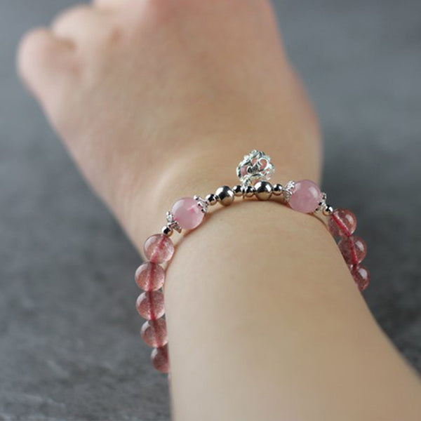 Sterling Silver Strawberry Quartz Crystal Beaded Bracelet Handmade Jewelry for Women
