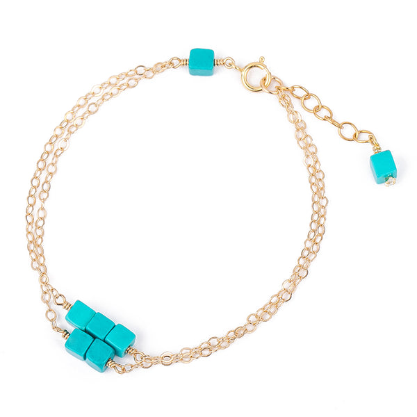 Double Strand Turquoise Bead Bracelet in 14K Gold Handmade Jewelry Women