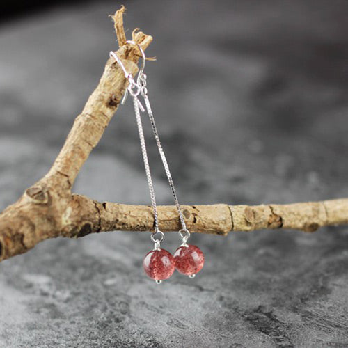 Sterling Silver Strawberry Quartz Crystal Drop Earrings Handmade Jewelry for Women