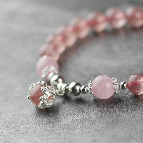 Sterling Silver Strawberry Quartz Crystal Beaded Bracelet Handmade Jewelry for Women