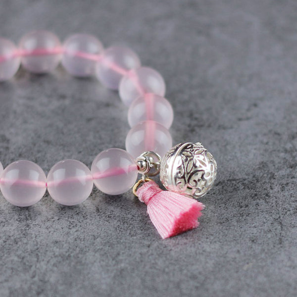 Sterling Silver Rose Quartz Crystal Beaded Bracelet Handmade Jewelry Women