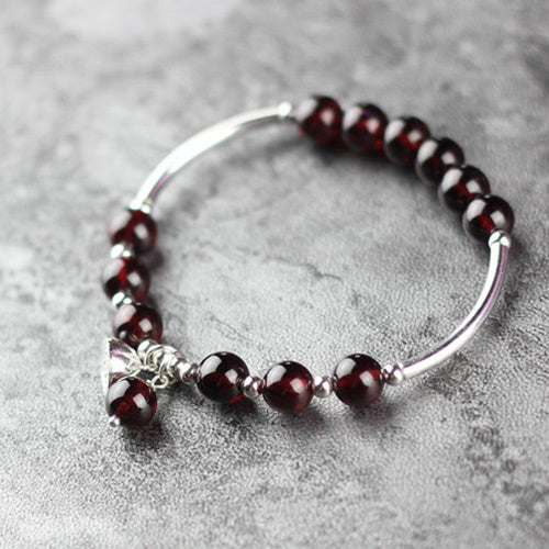 Sterling Silver Garnet Beaded Bracelet Handmade Jewelry January Birthstone for Women