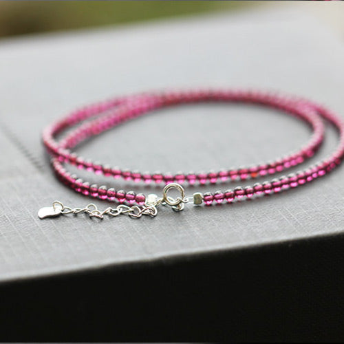 Double Strand Garnet Silver Beaded Bracelet Handmade Birthstone Jewelry for Women
