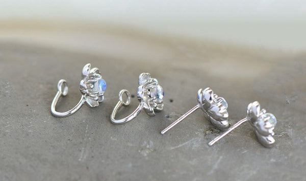 Moonstone Stud Earrings Clip Earrings in White Gold Plated Silver Jewelry Women