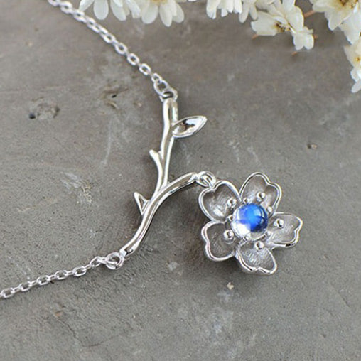 Moonstone Sakura Pendant Necklace in White Gold Plated Silver Jewelry Accessories Women